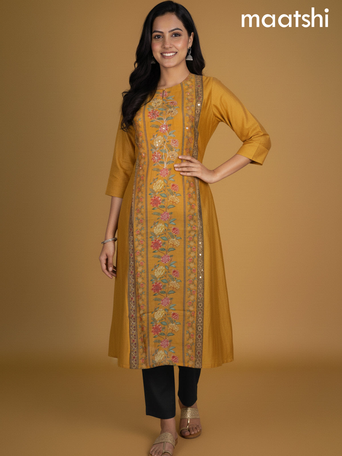Yellow Chanderi Printed A-Line Kurti