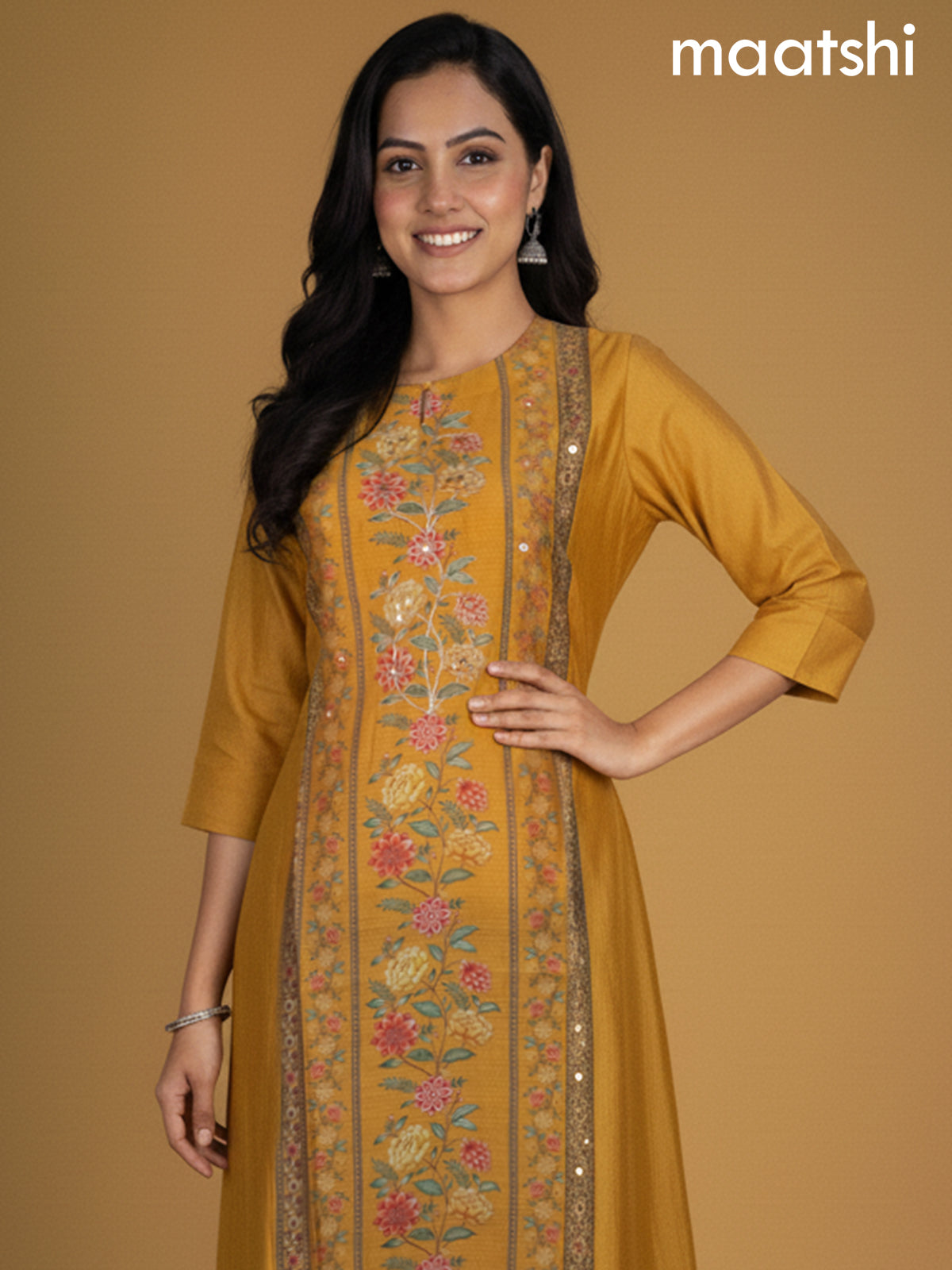 Yellow Chanderi Printed A-Line Kurti