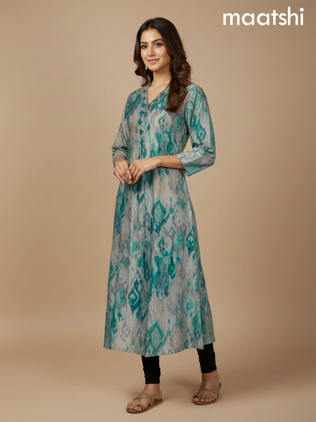 Beige and Teal Shade Chanderi Printed A-Line Kurti
