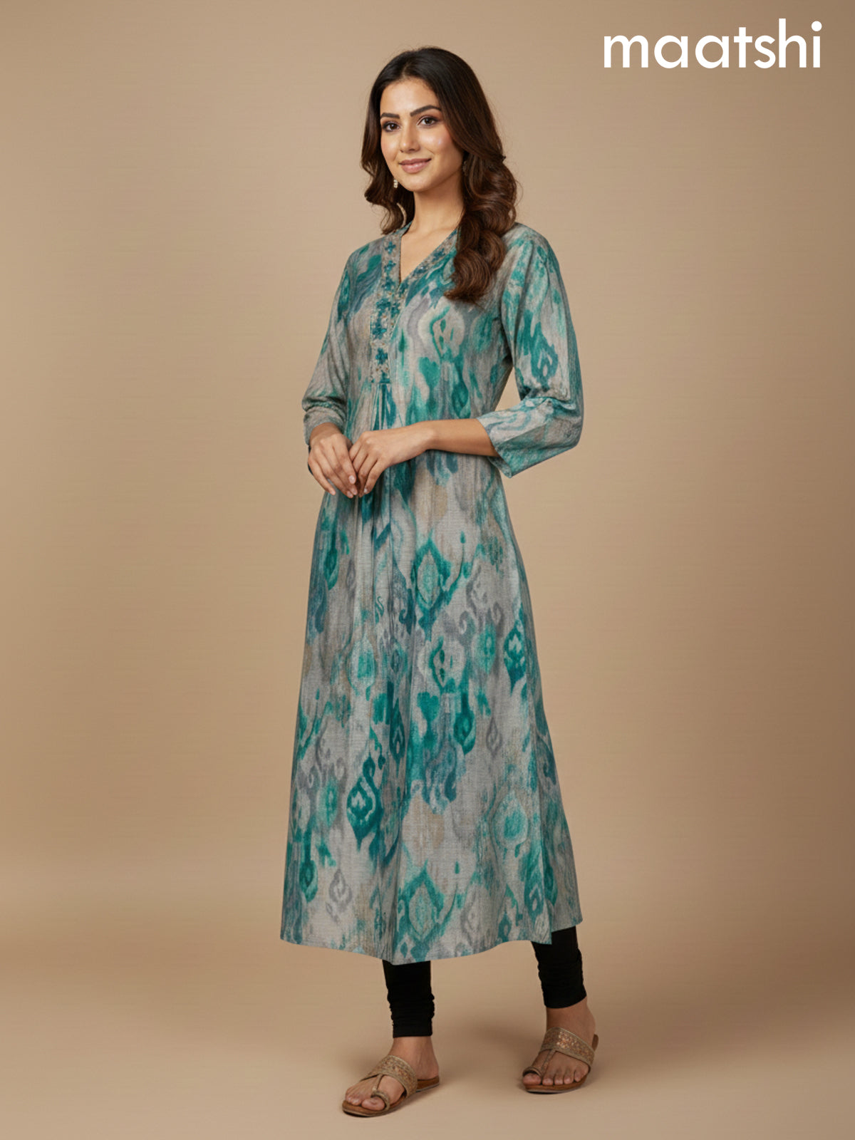 Beige and Teal Shade Chanderi Printed A-Line Kurti