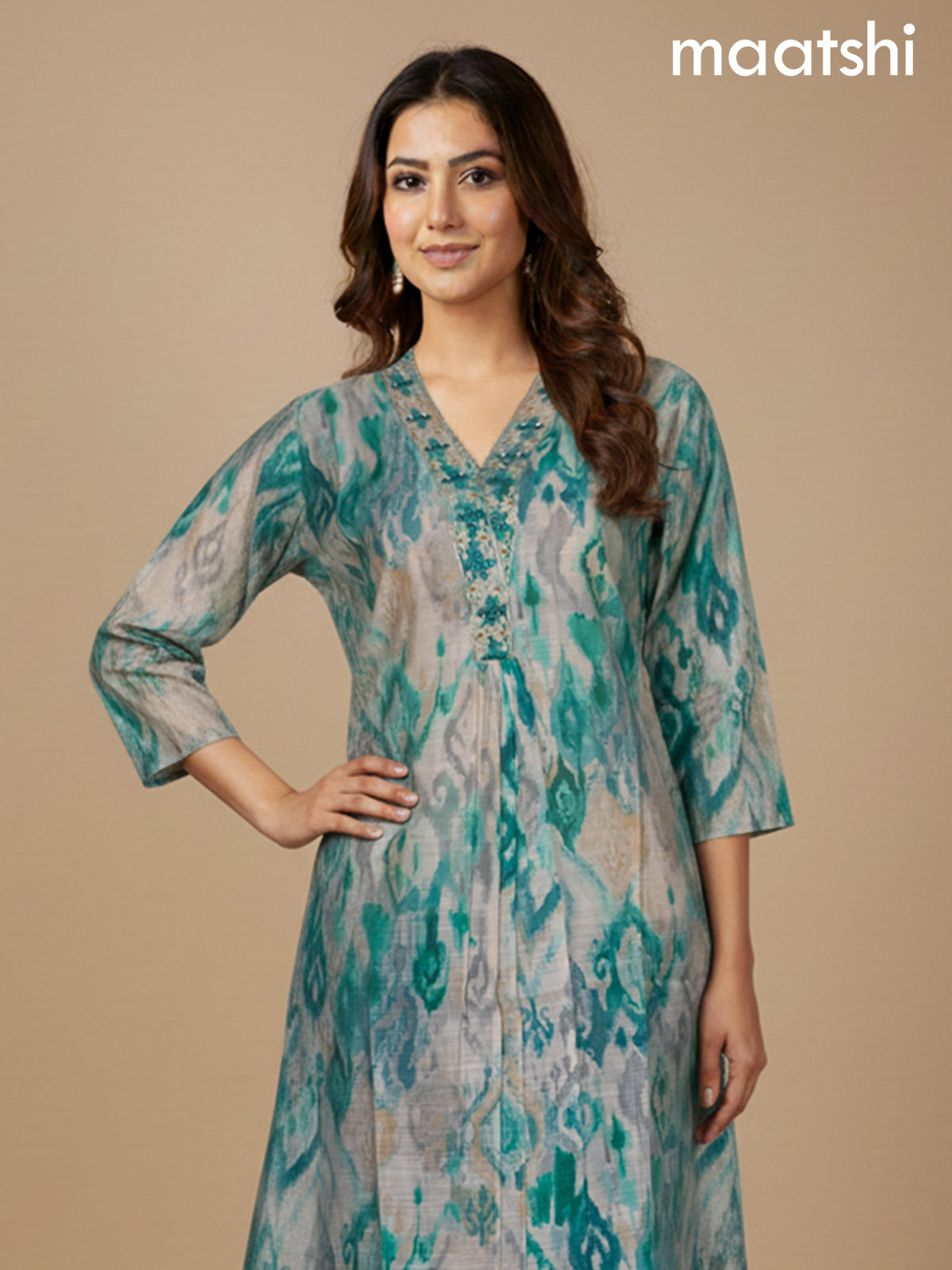 Beige and Teal Shade Chanderi Printed A-Line Kurti