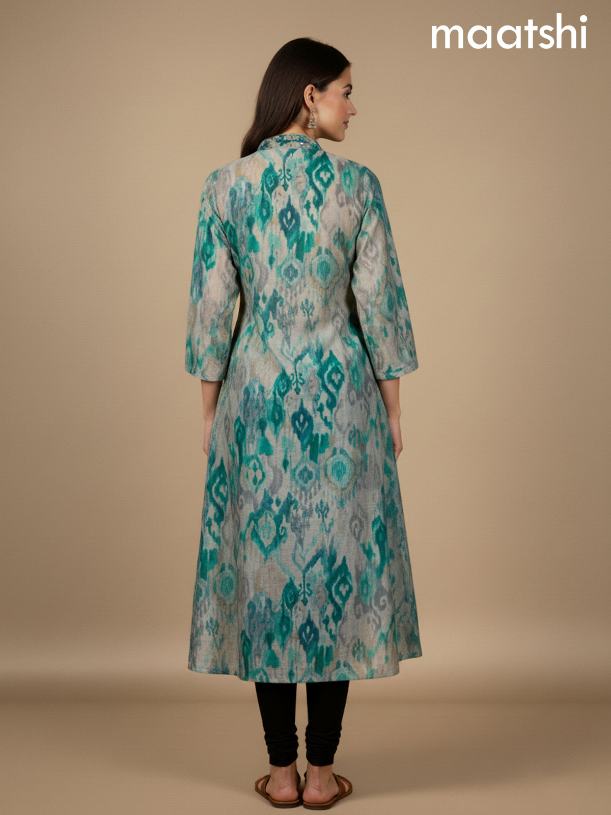 Beige and Teal Shade Chanderi Printed A-Line Kurti