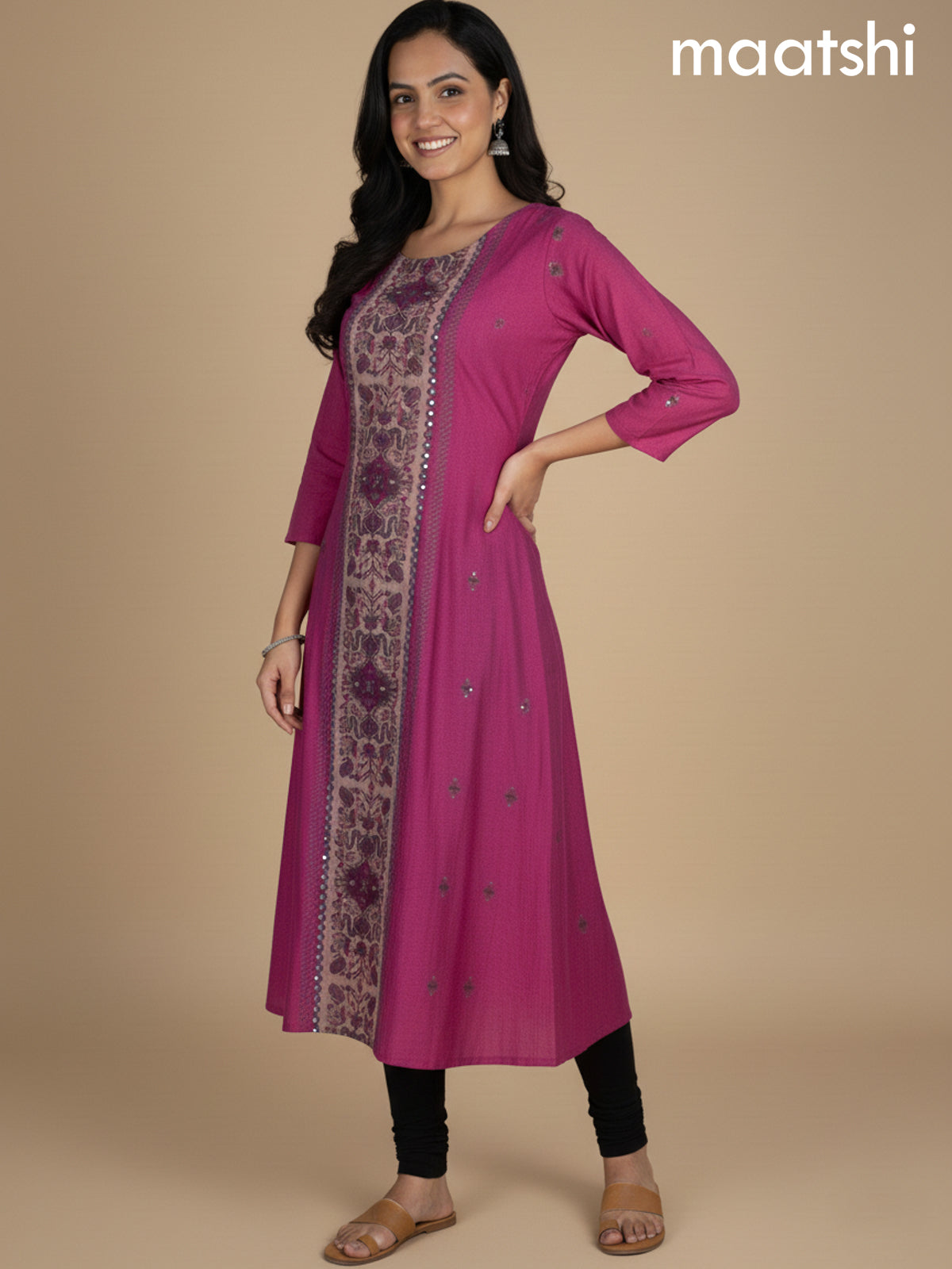 Pink Chanderi Printed A-Line Kurti