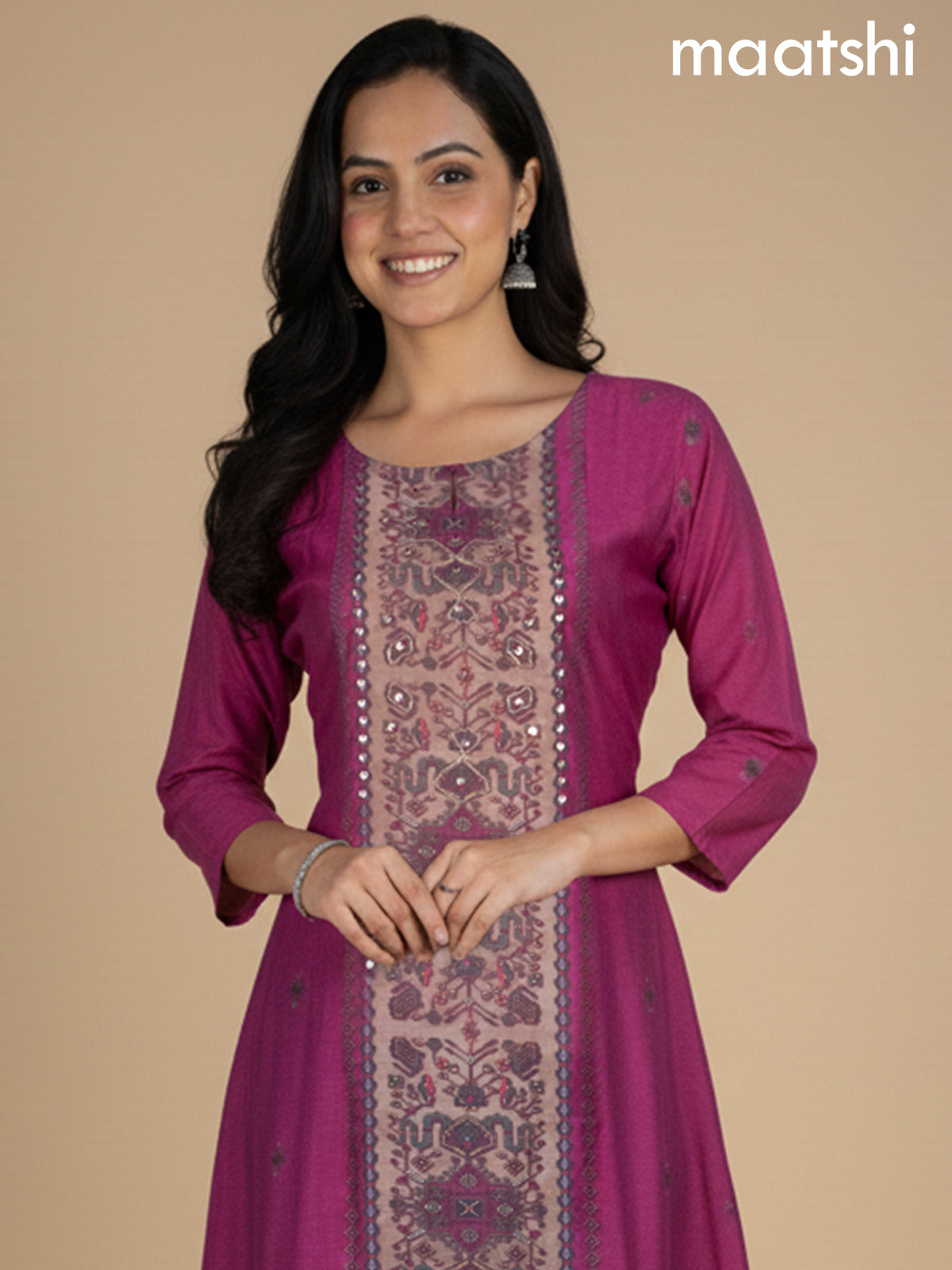 Pink Chanderi Printed A-Line Kurti