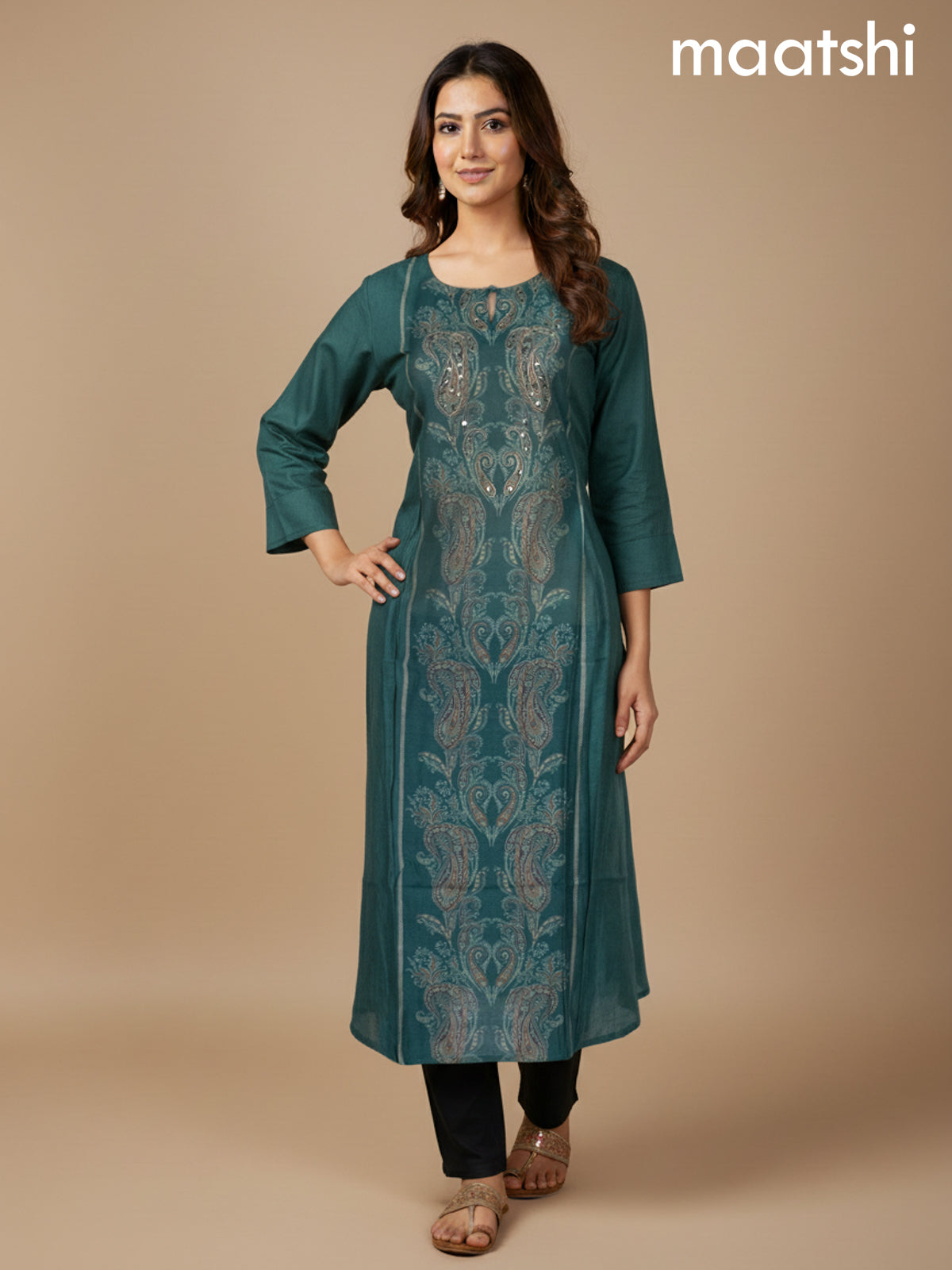 Green Shade Chanderi Printed A-Line Kurti