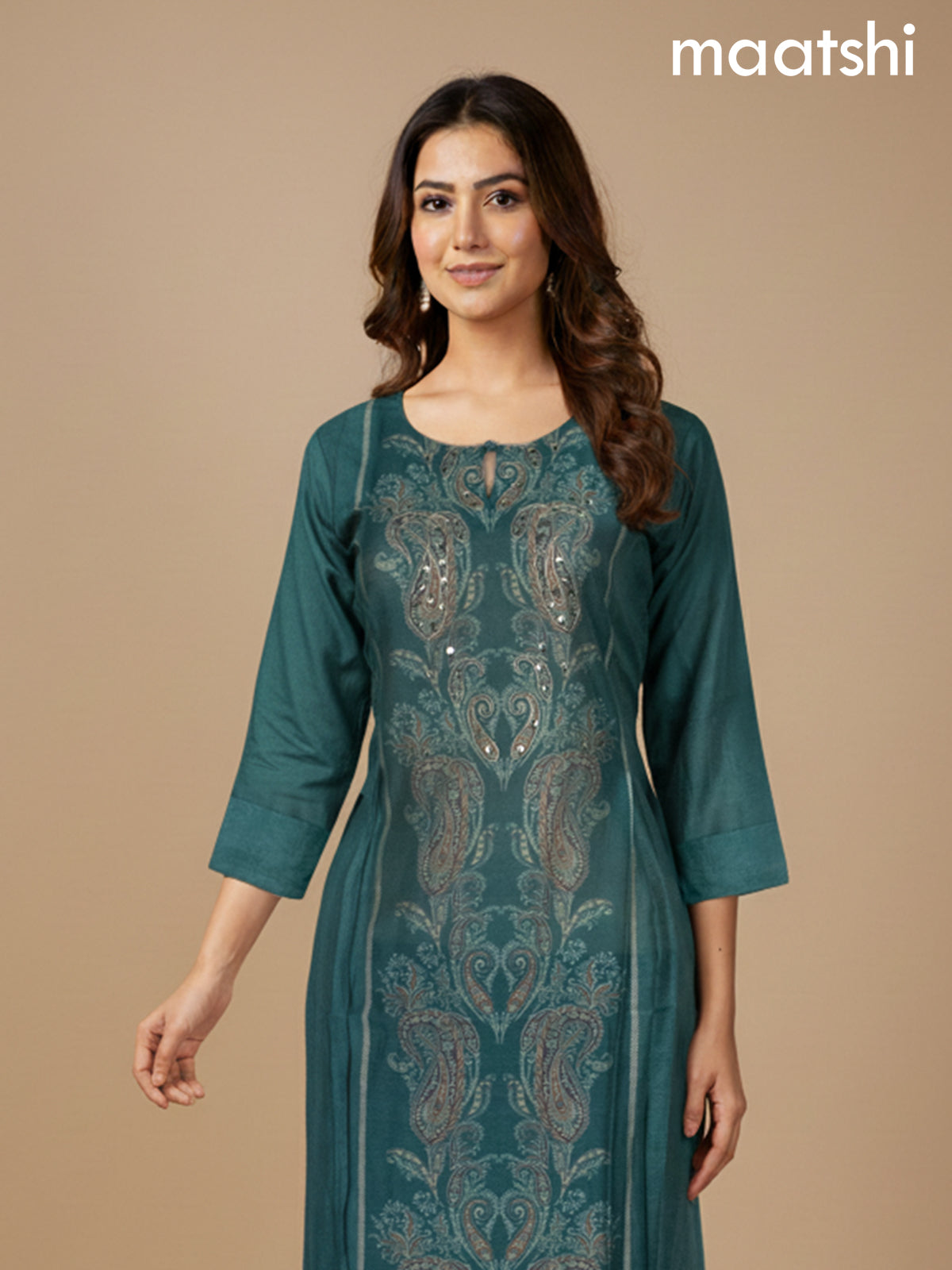 Green Shade Chanderi Printed A-Line Kurti