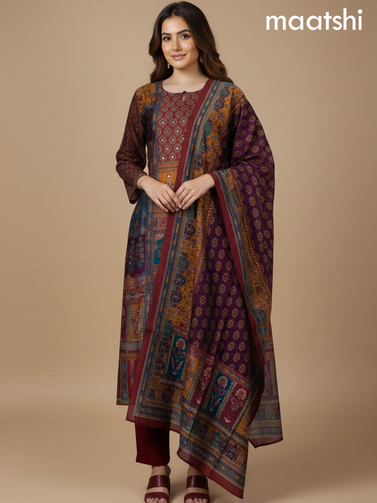 Maroon and Multi Colour Chanderi Printed Straight Suit