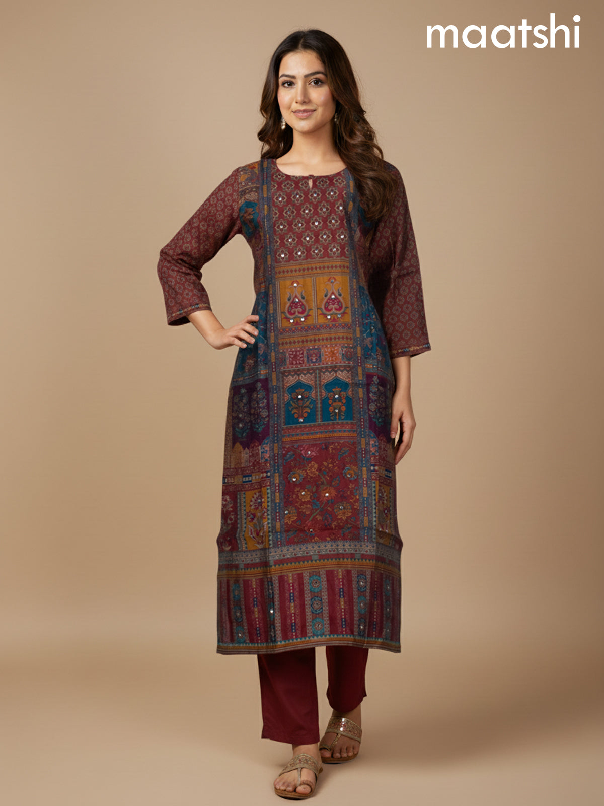 Maroon and Multi Colour Chanderi Printed Straight Suit
