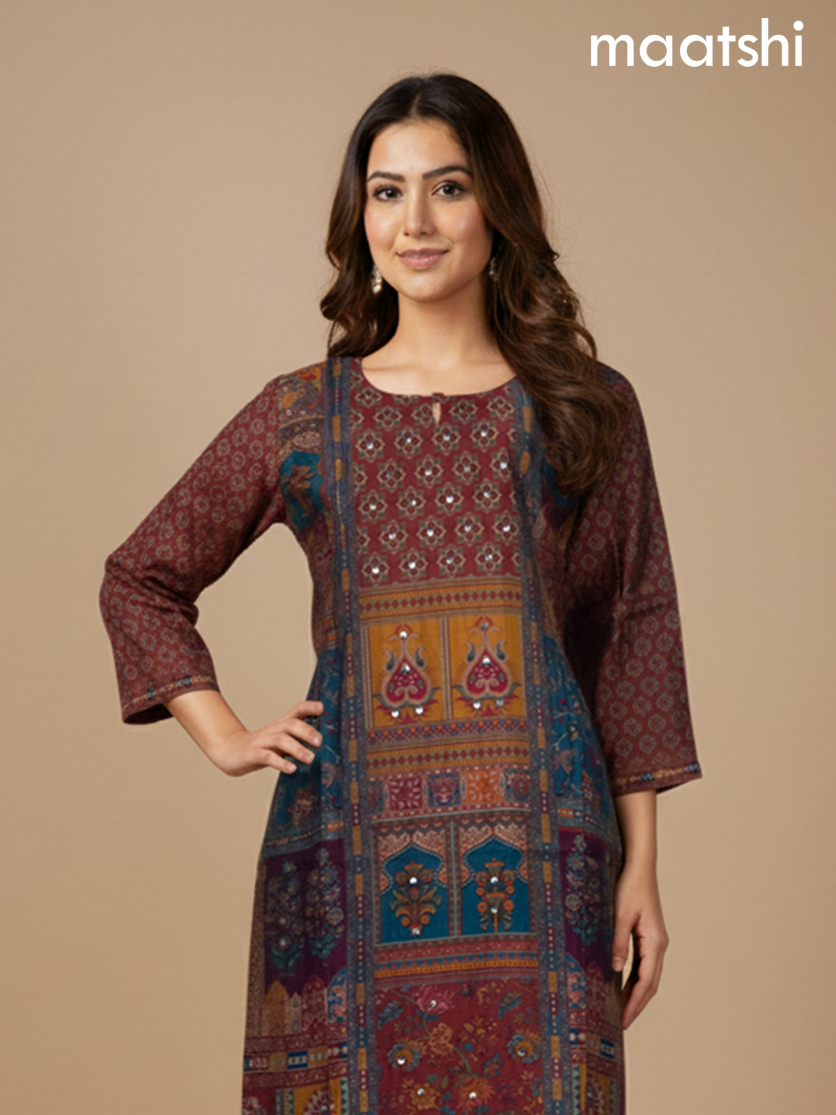 Maroon and Multi Colour Chanderi Printed Straight Suit