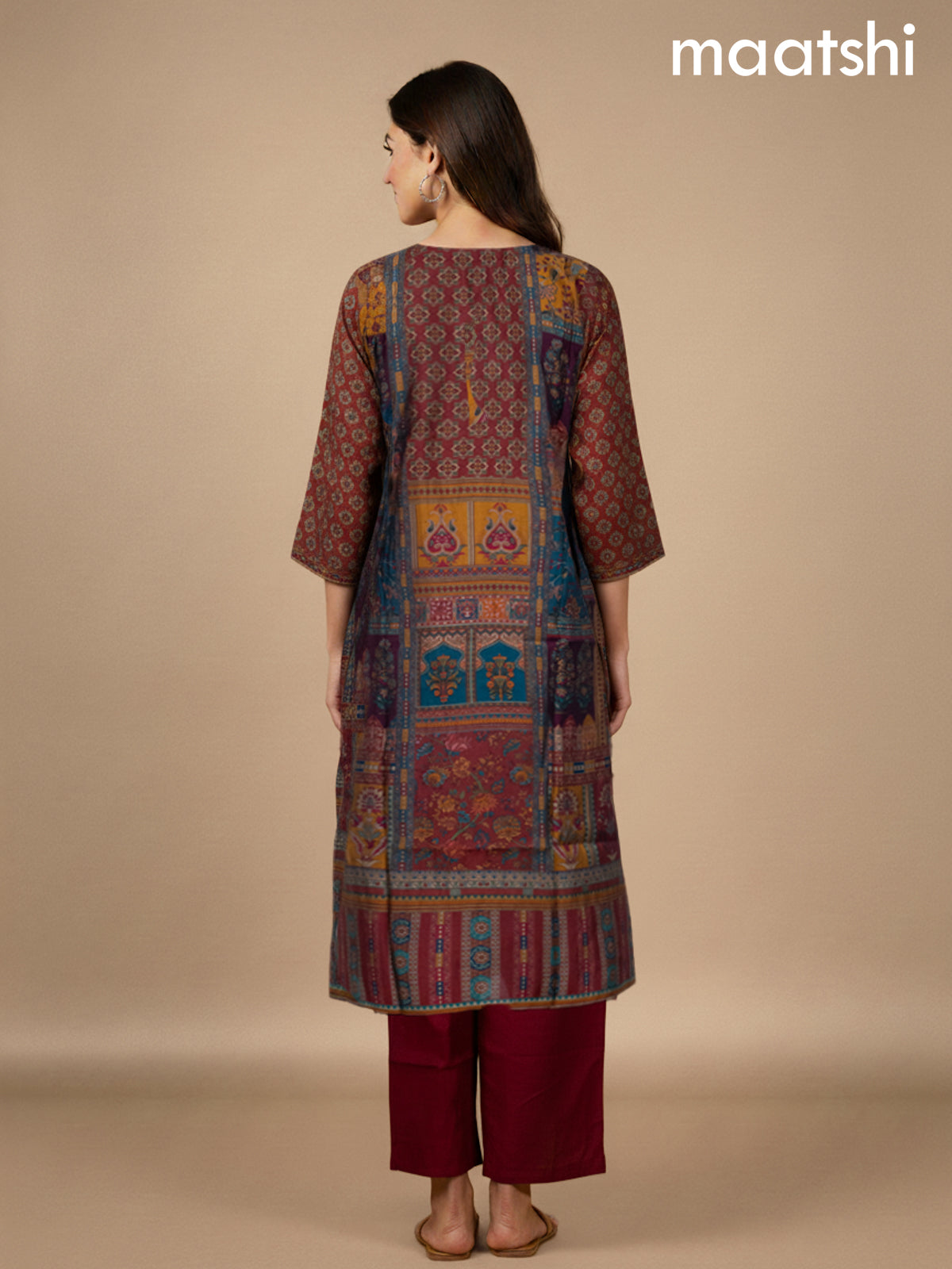 Maroon and Multi Colour Chanderi Printed Straight Suit