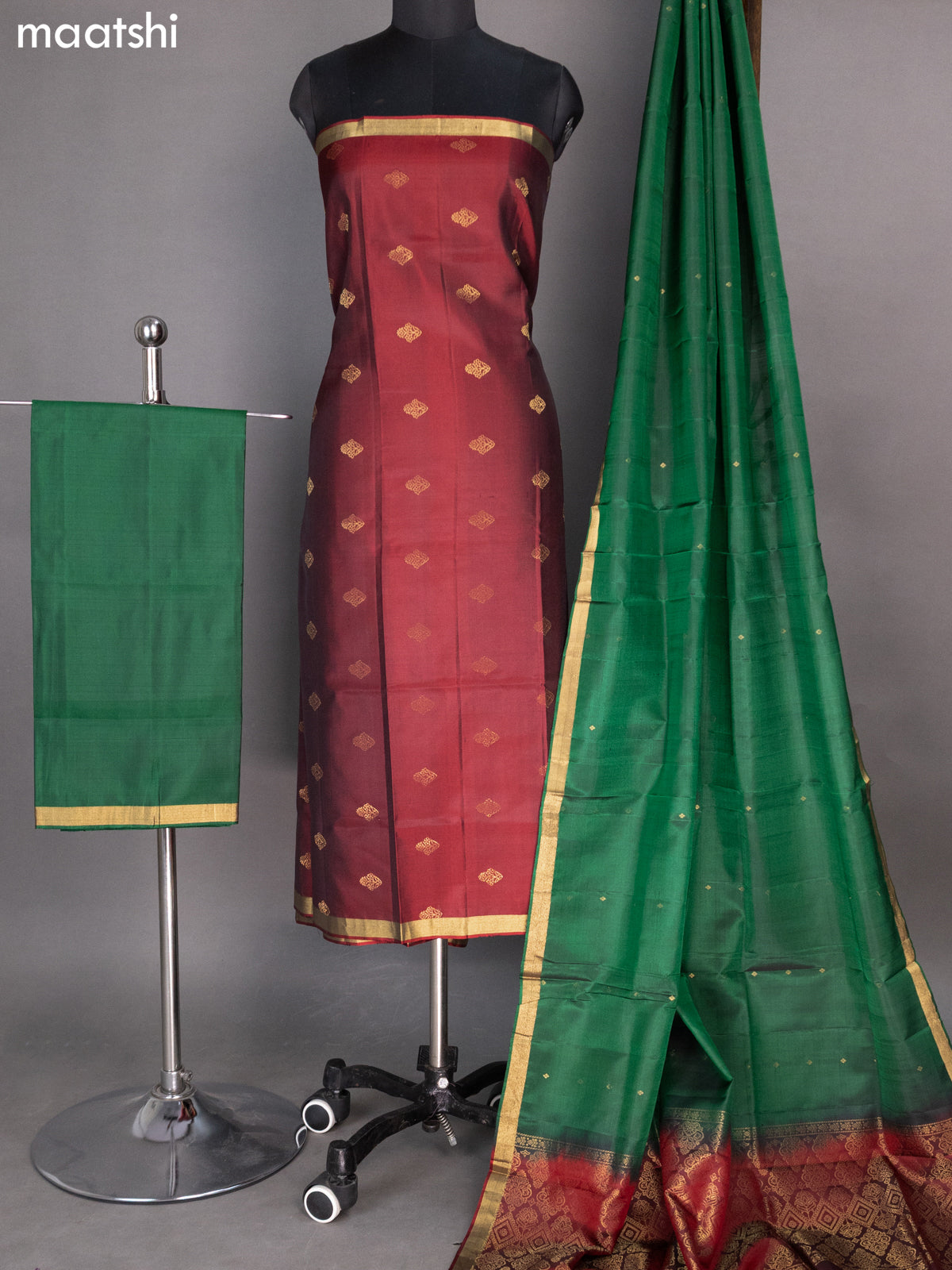 Dark Maroon and Green Pure Silk Dress Material With Zari Buttas