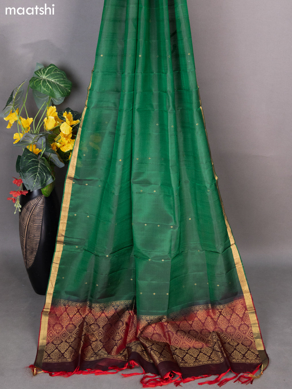 Dark Maroon and Green Pure Silk Dress Material With Zari Buttas