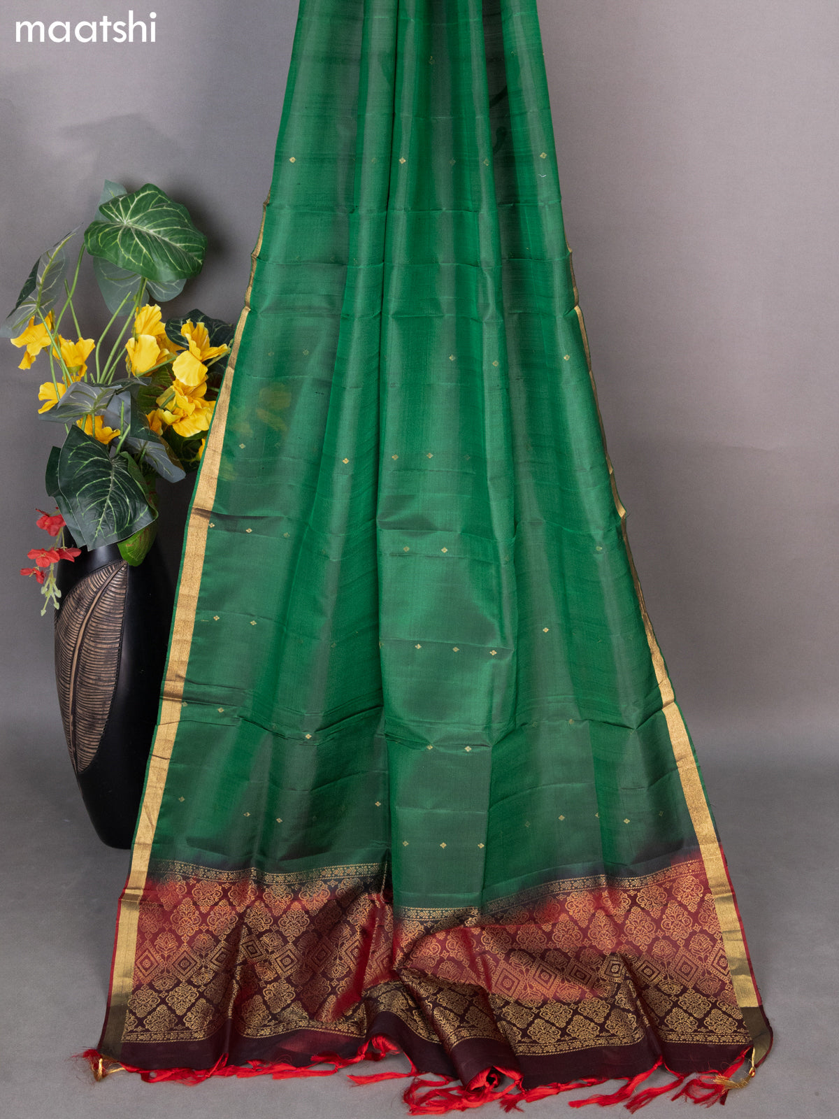 Dark Maroon and Green Pure Silk Dress Material With Zari Buttas
