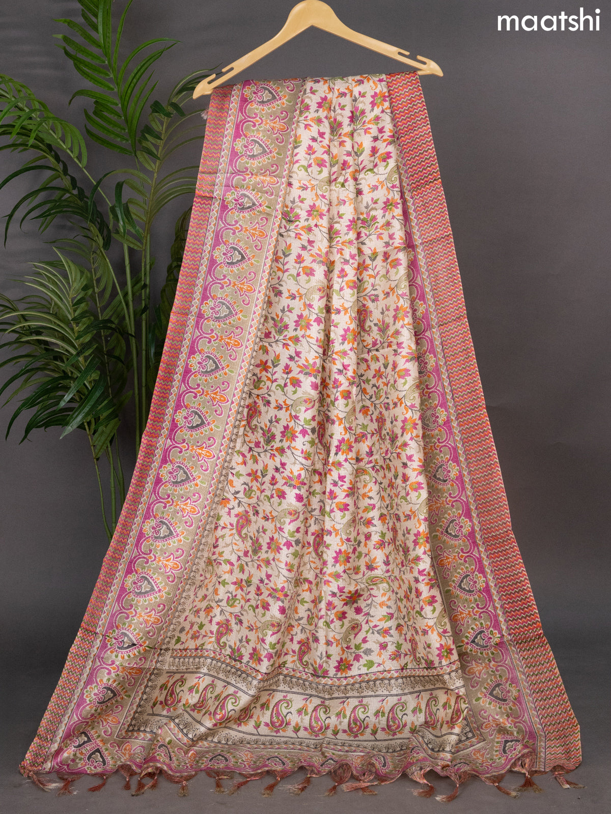 Beige and Pink Semi Tussar With Madhubani Printed Dupatta