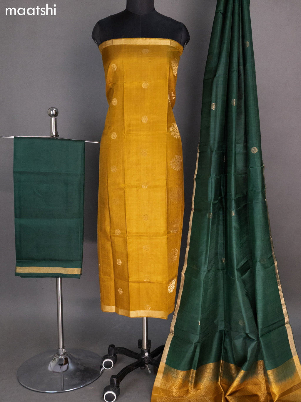 Mustard Shade and Green Pure Silk Dress Material With Zari Buttas