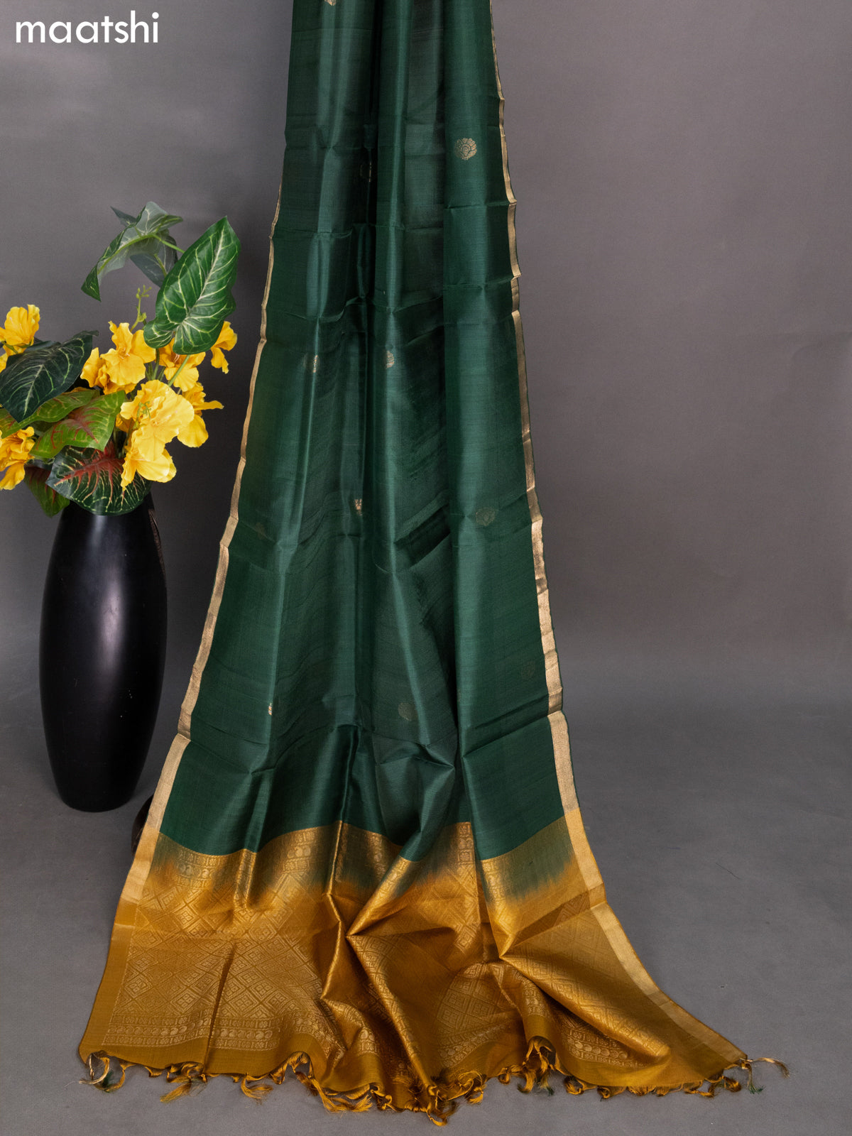 Mustard Shade and Green Pure Silk Dress Material With Zari Buttas