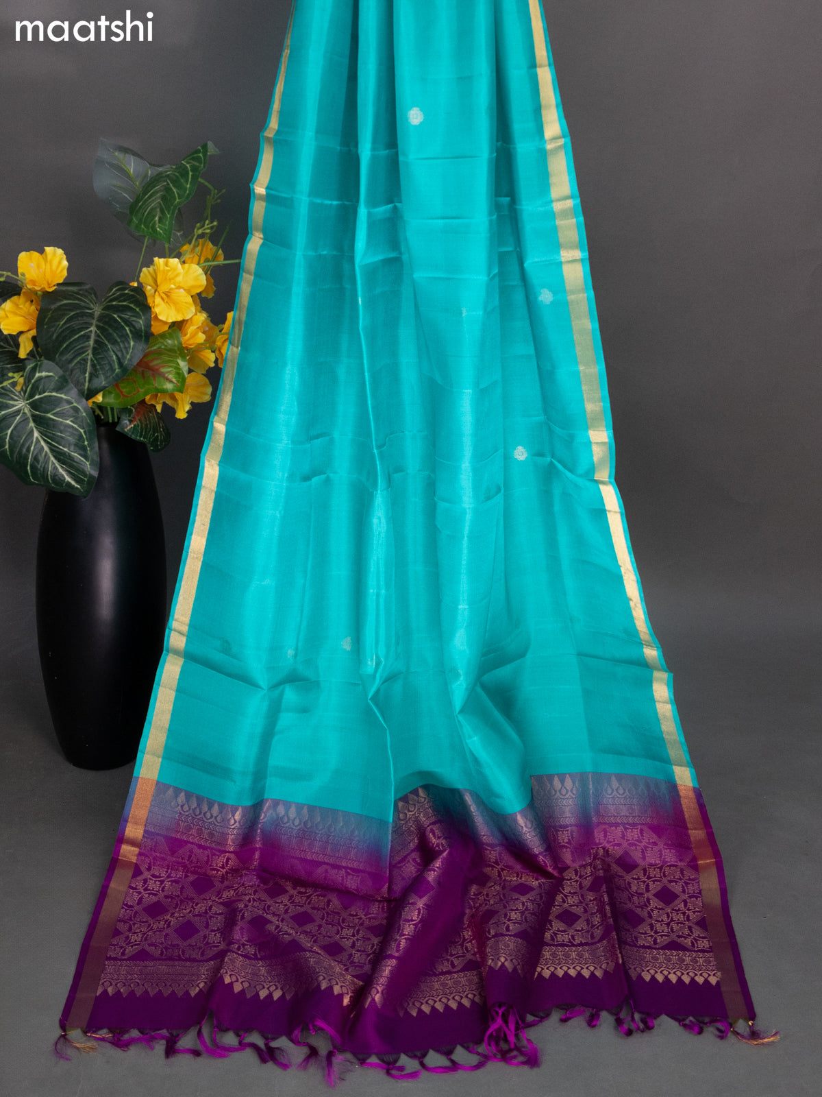 Purple and Teal Green Pure Silk Dress Material With Zari Buttas