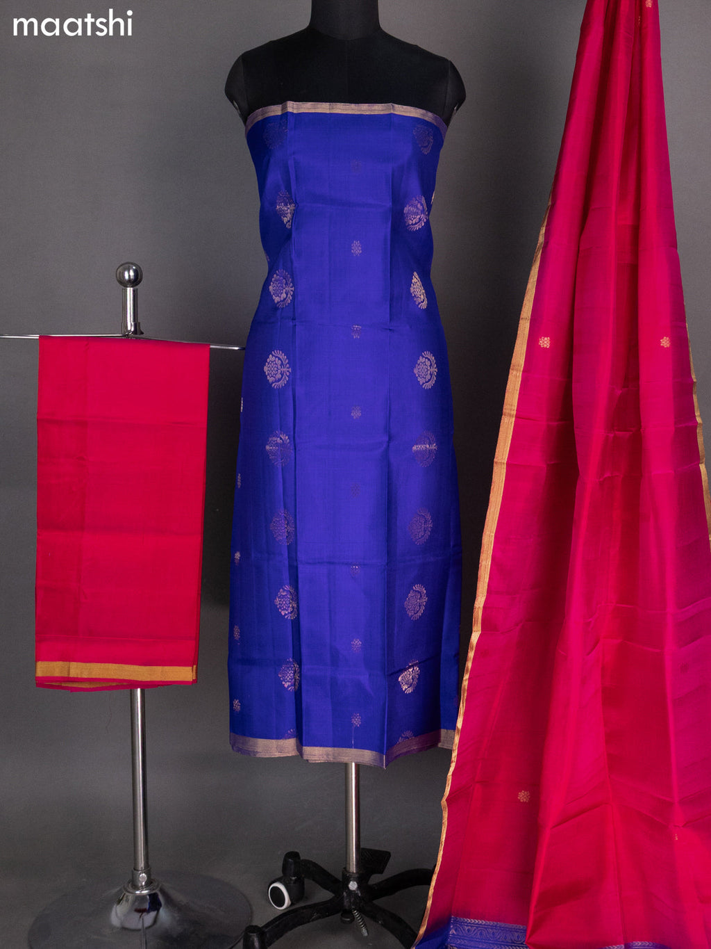 Royal Blue and Pink Pure Silk Dress Material With Zari Buttas