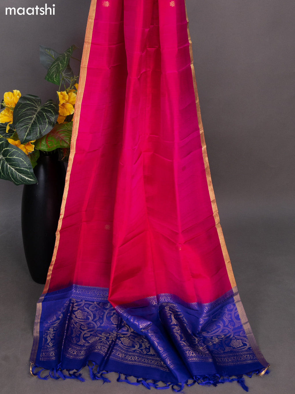 Royal Blue and Pink Pure Silk Dress Material With Zari Buttas