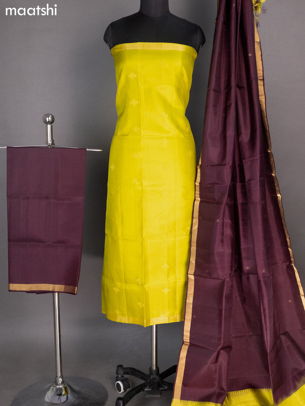 Lime Green and Deep Maroon Pure Silk Dress Material With Zari Buttas