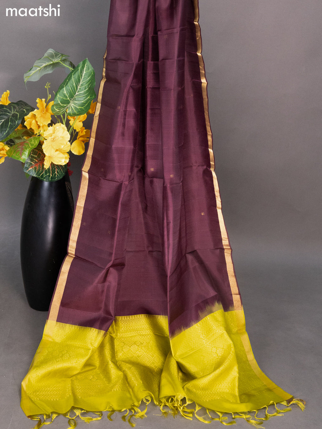 Lime Green and Deep Maroon Pure Silk Dress Material With Zari Buttas