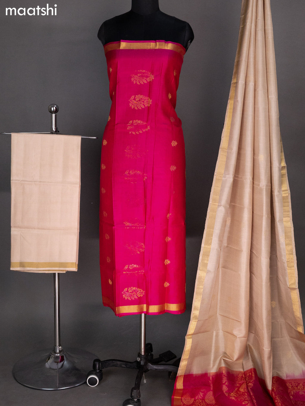 Pink and Cream Pure Silk Dress Material With Zari Buttas