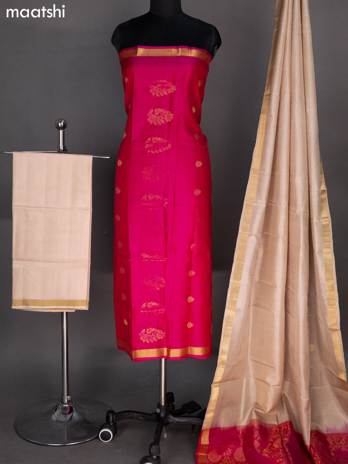 Pink and Cream Pure Silk Dress Material With Zari Buttas