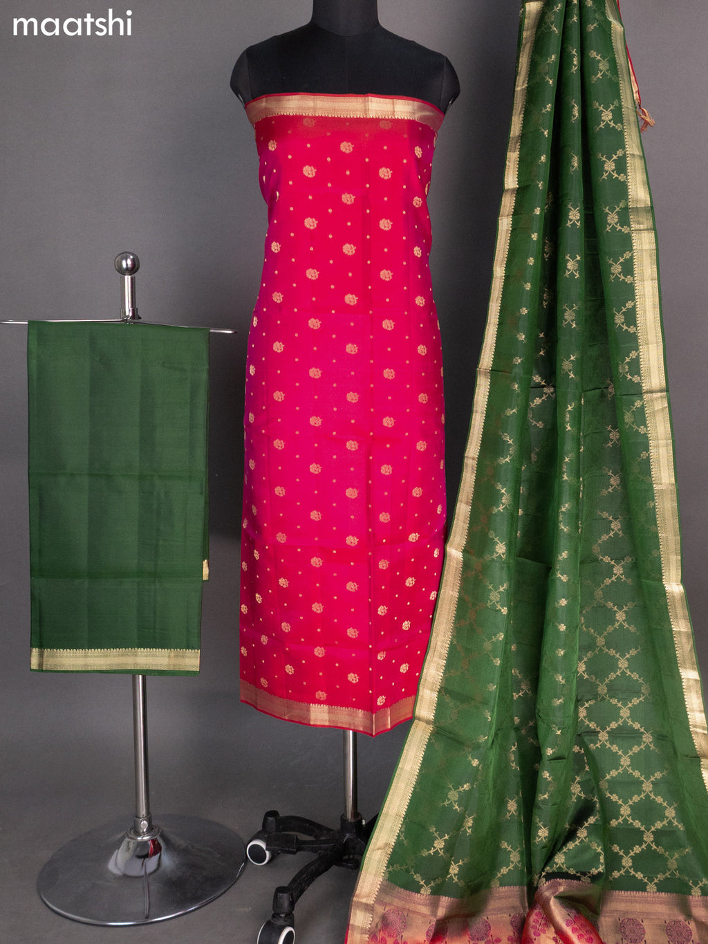 Pink and Green Pure Silk Dress Material With Zari Buttas