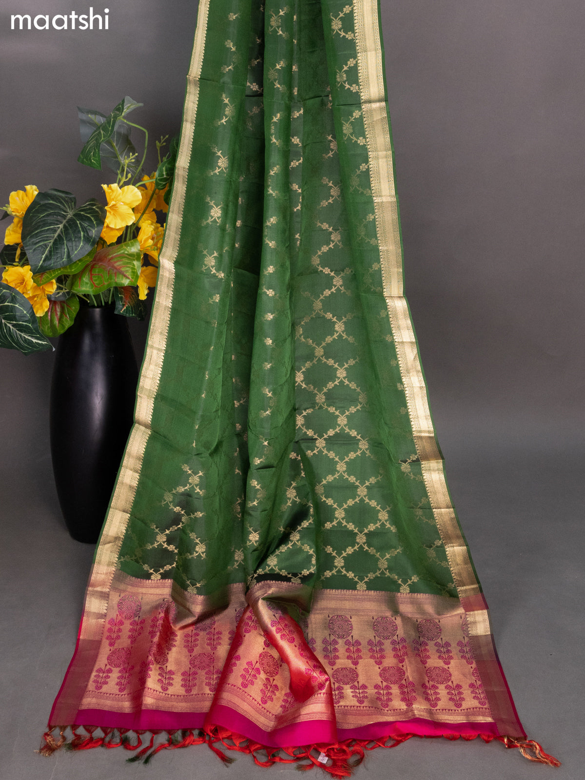 Pink and Green Pure Silk Dress Material With Zari Buttas