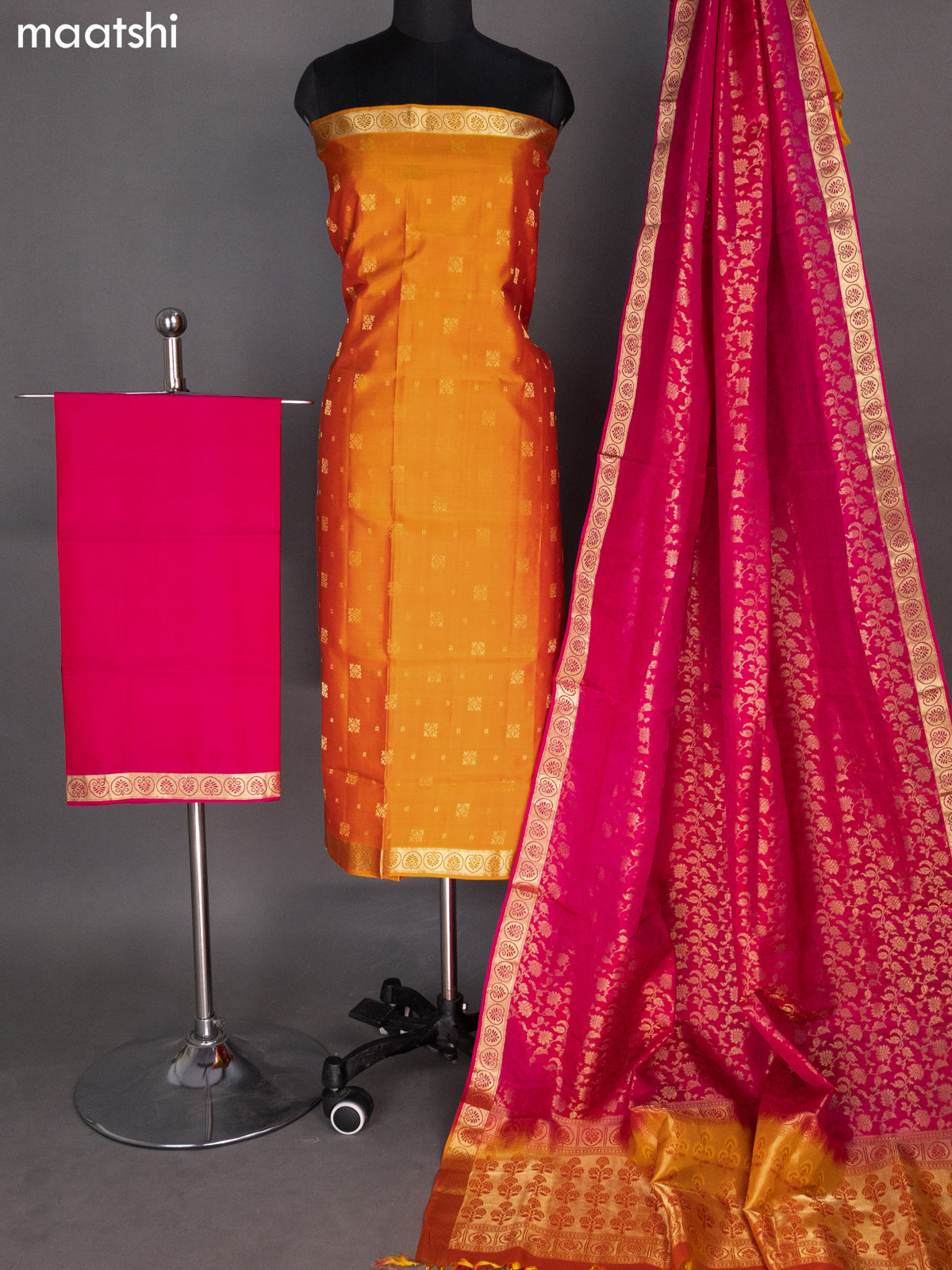 Orange and Pink Pure Silk Dress Material With Zari Buttas