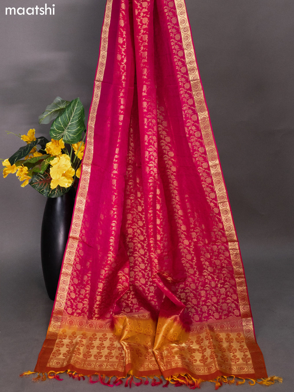 Orange and Pink Pure Silk Dress Material With Zari Buttas