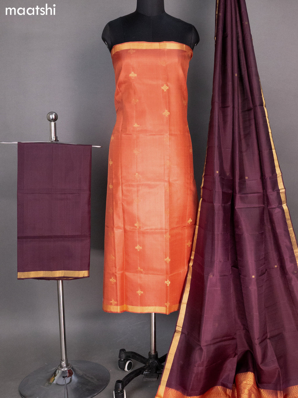 Peach Shade and Deep Maroon Pure Silk Dress Material With Zari Buttas
