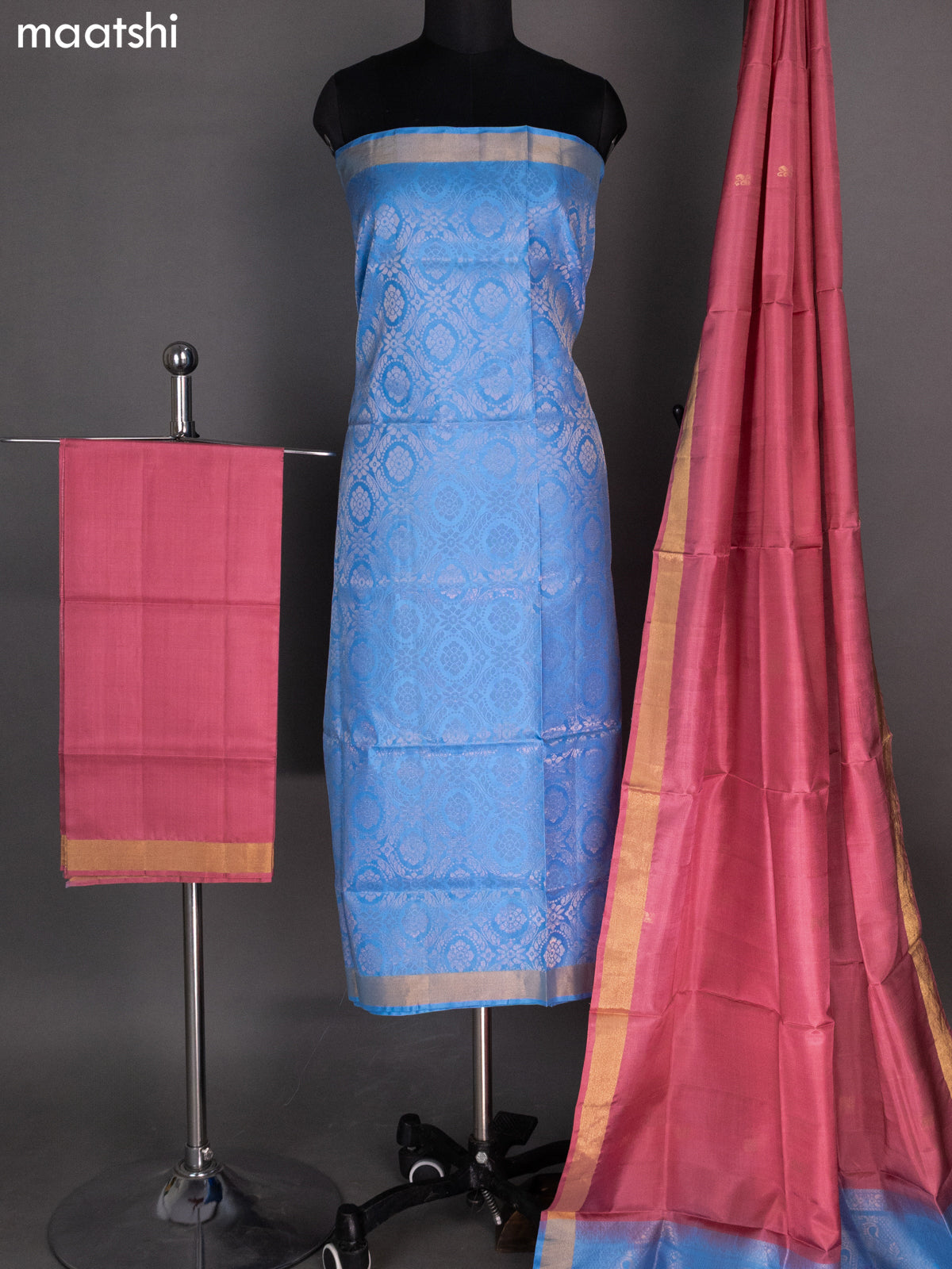 Light Blue and Peach Pink Pure Silk Dress Material With Zari Weaves