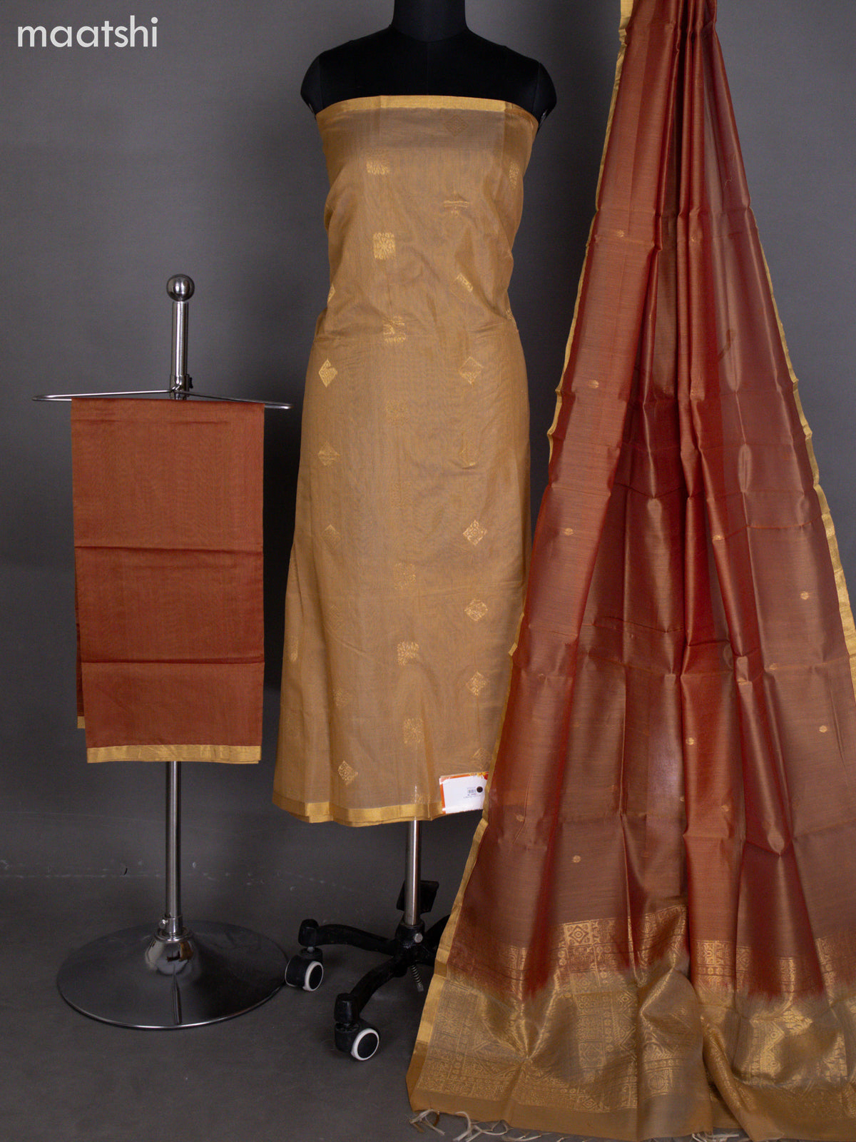 Sandal and Dual Shade Of Rust Kora Silk Cotton Dress Material With Zari Buttas