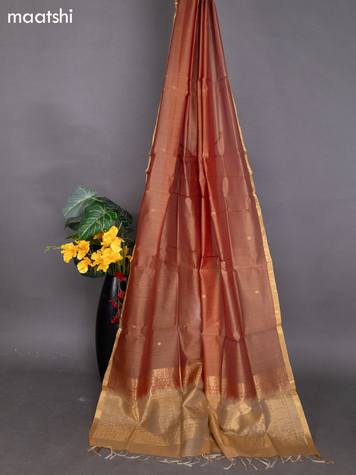 Sandal and Dual Shade Of Rust Kora Silk Cotton Dress Material With Zari Buttas