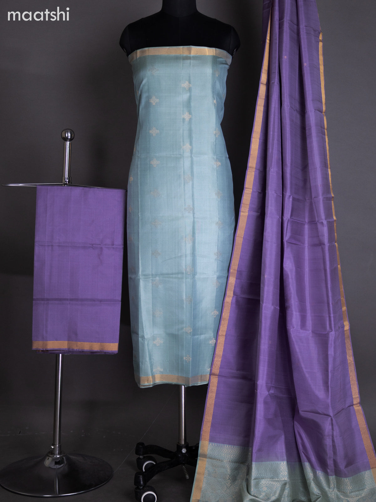Pastel Blue Shade and Lavender Pure Silk Dress Material With Zari Buttas