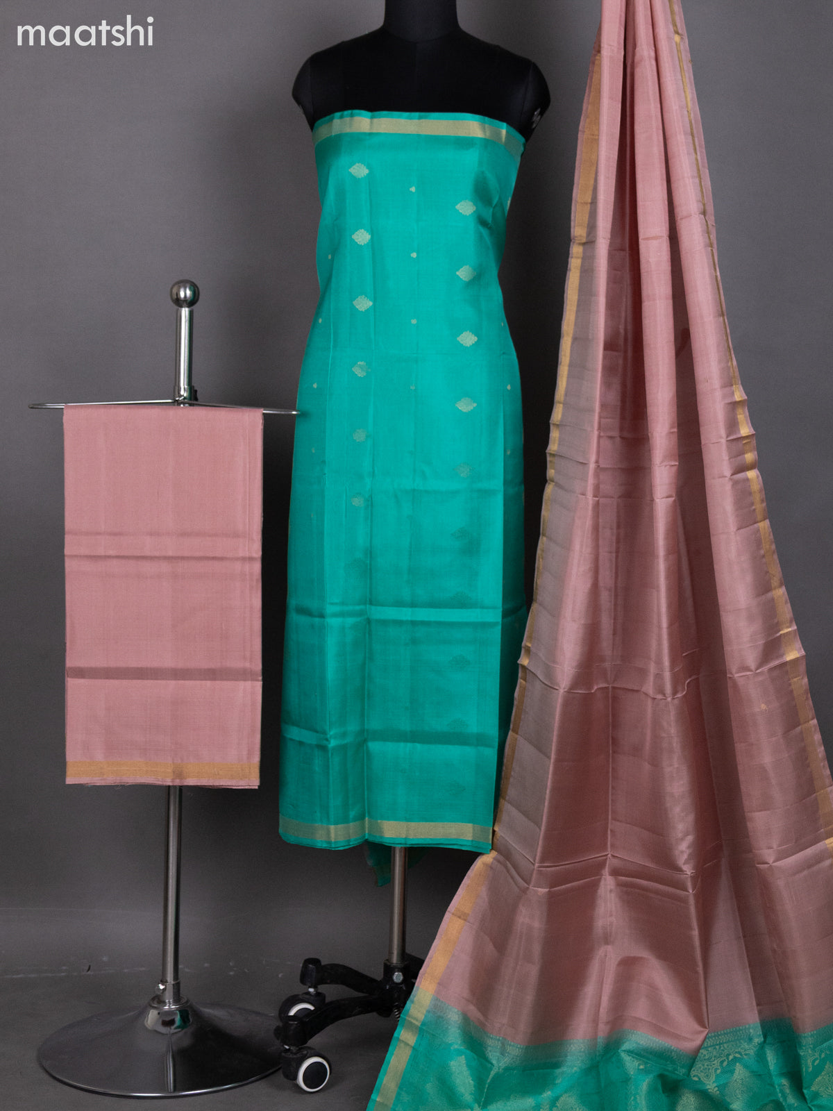 Teal Green Shade and Pastel Pink Pure Silk Dress Material With Zari Buttas