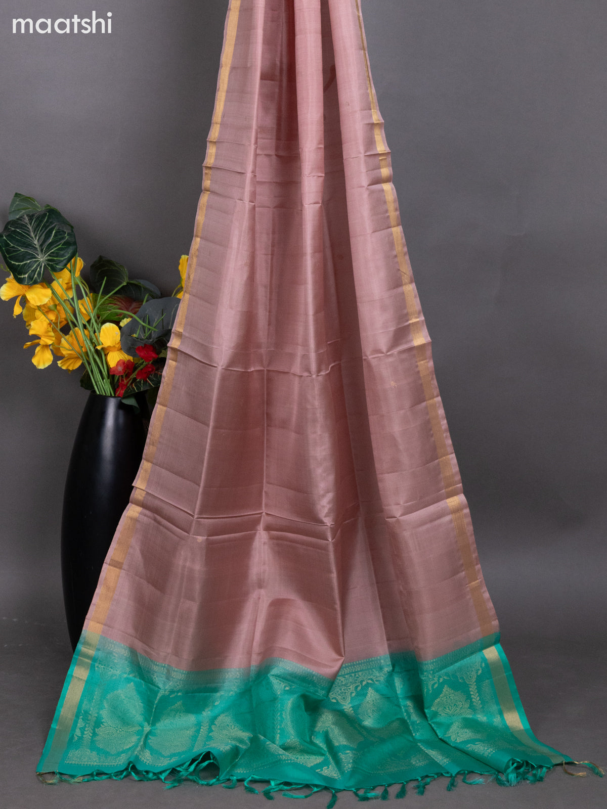 Teal Green Shade and Pastel Pink Pure Silk Dress Material With Zari Buttas