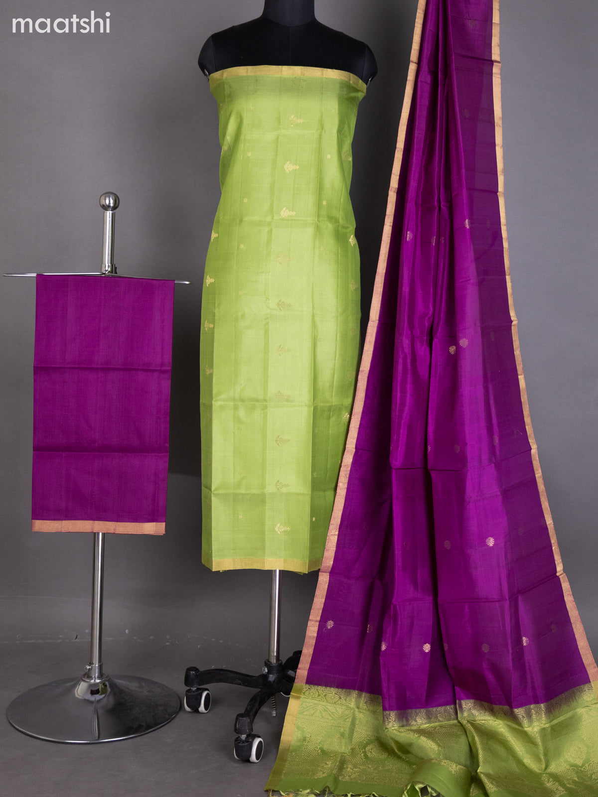 Light Green and Purple Pure Silk Dress Material With Zari Buttas