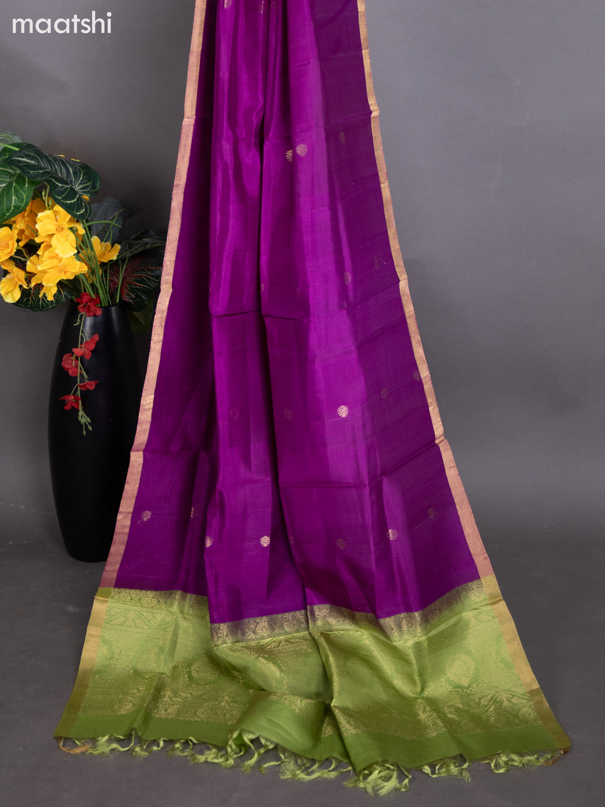 Light Green and Purple Pure Silk Dress Material With Zari Buttas