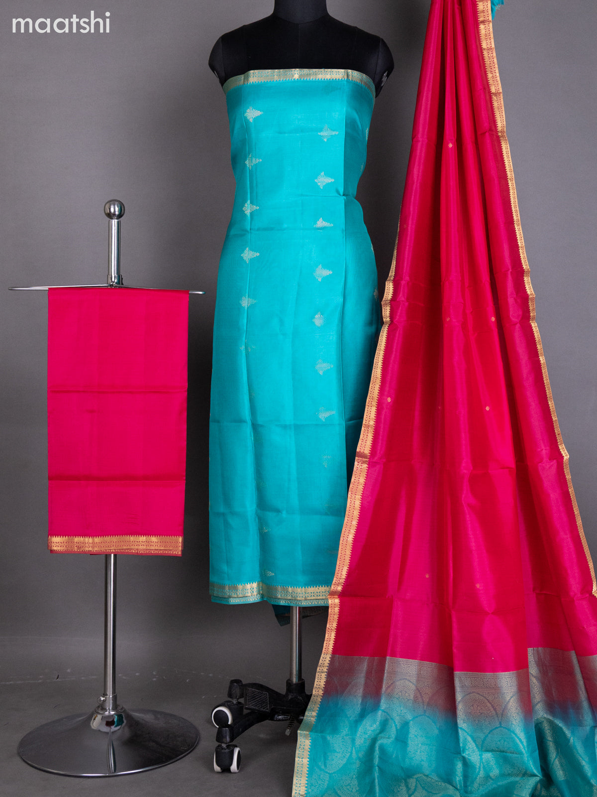 Teal Shade and Pink Pure Silk Dress Material With Zari Buttas