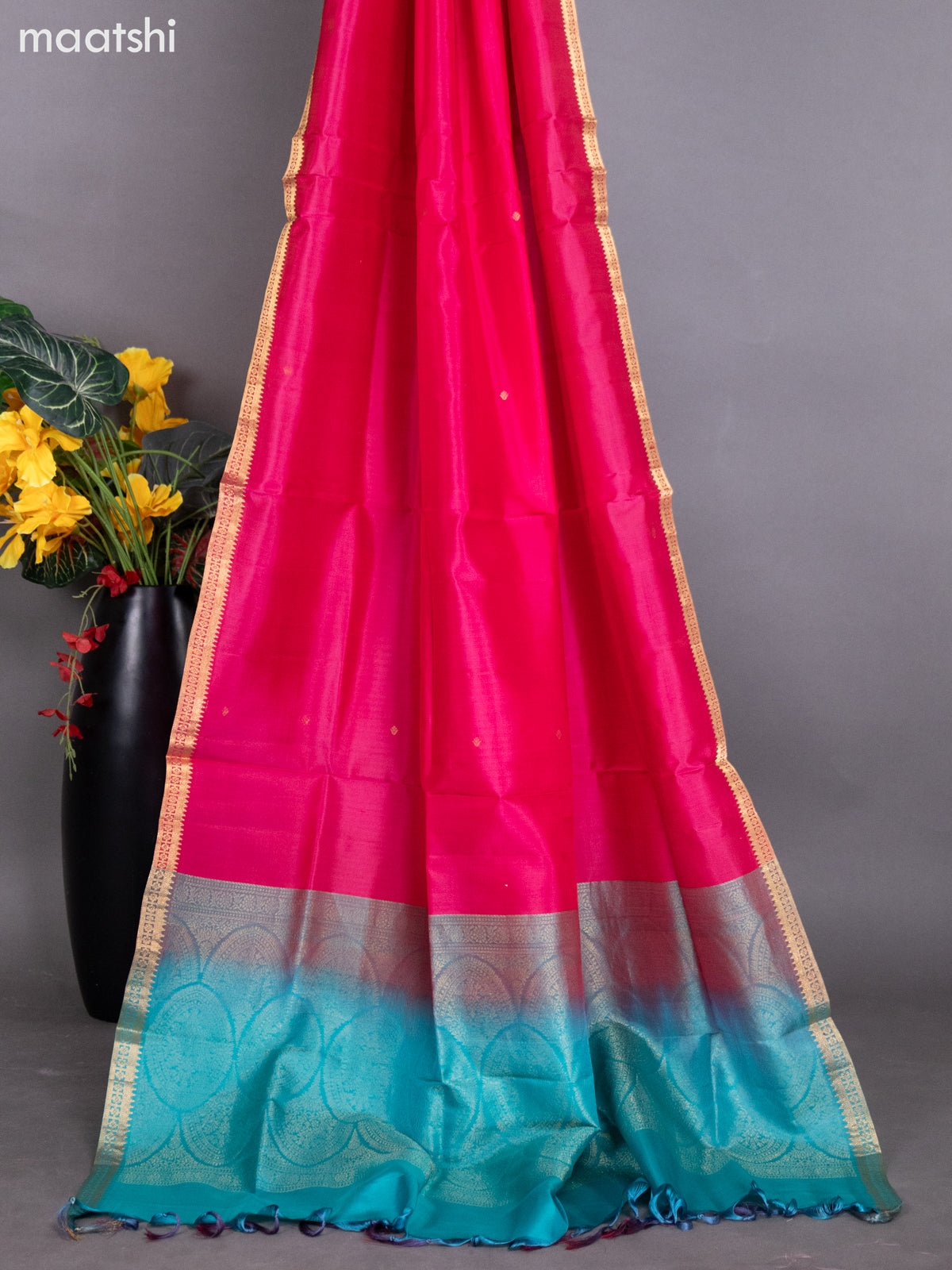 Teal Shade and Pink Pure Silk Dress Material With Zari Buttas