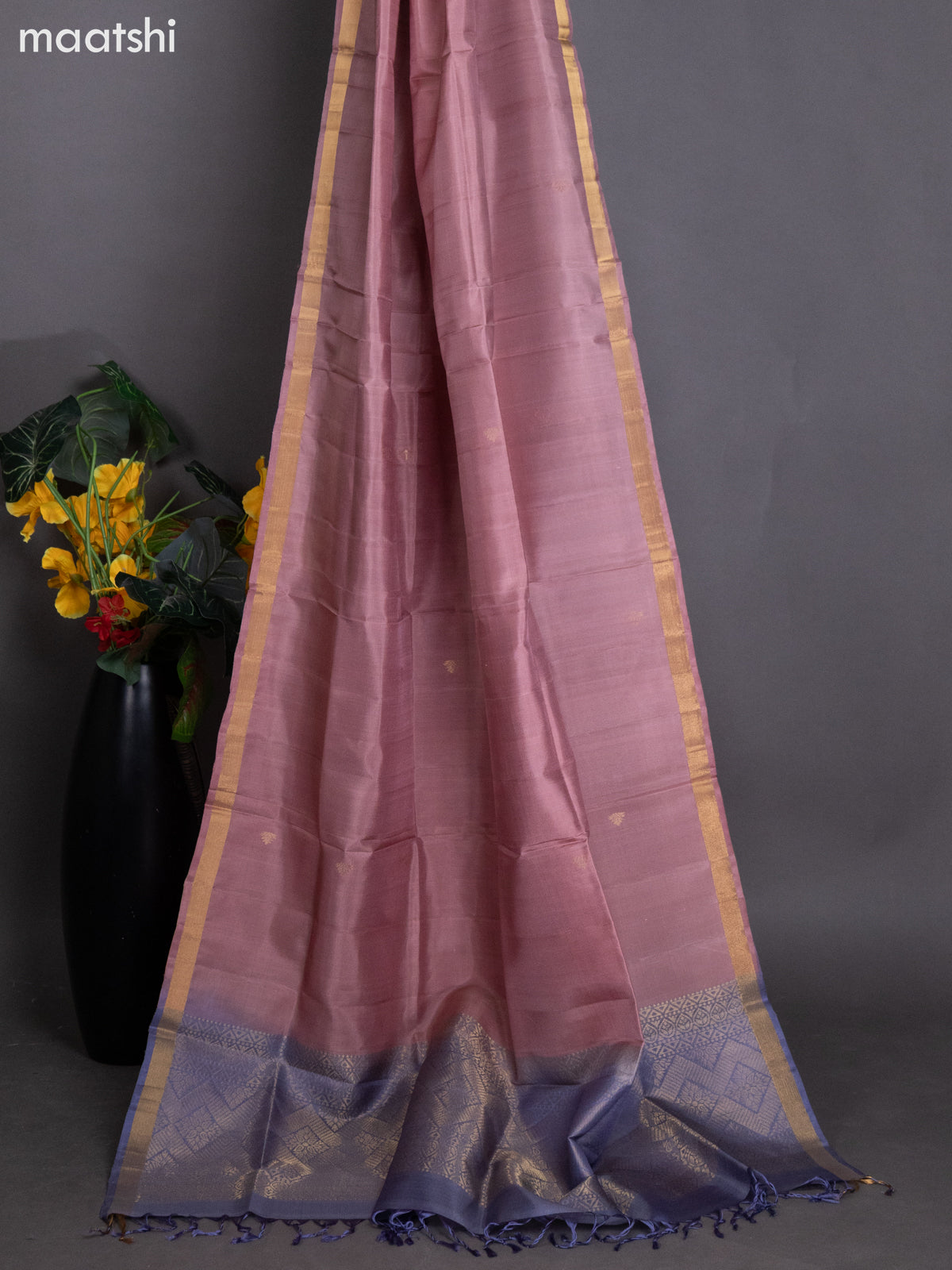 Bluish Grey and Dark Peach Shade Pure Silk Dress Material With Zari Buttas