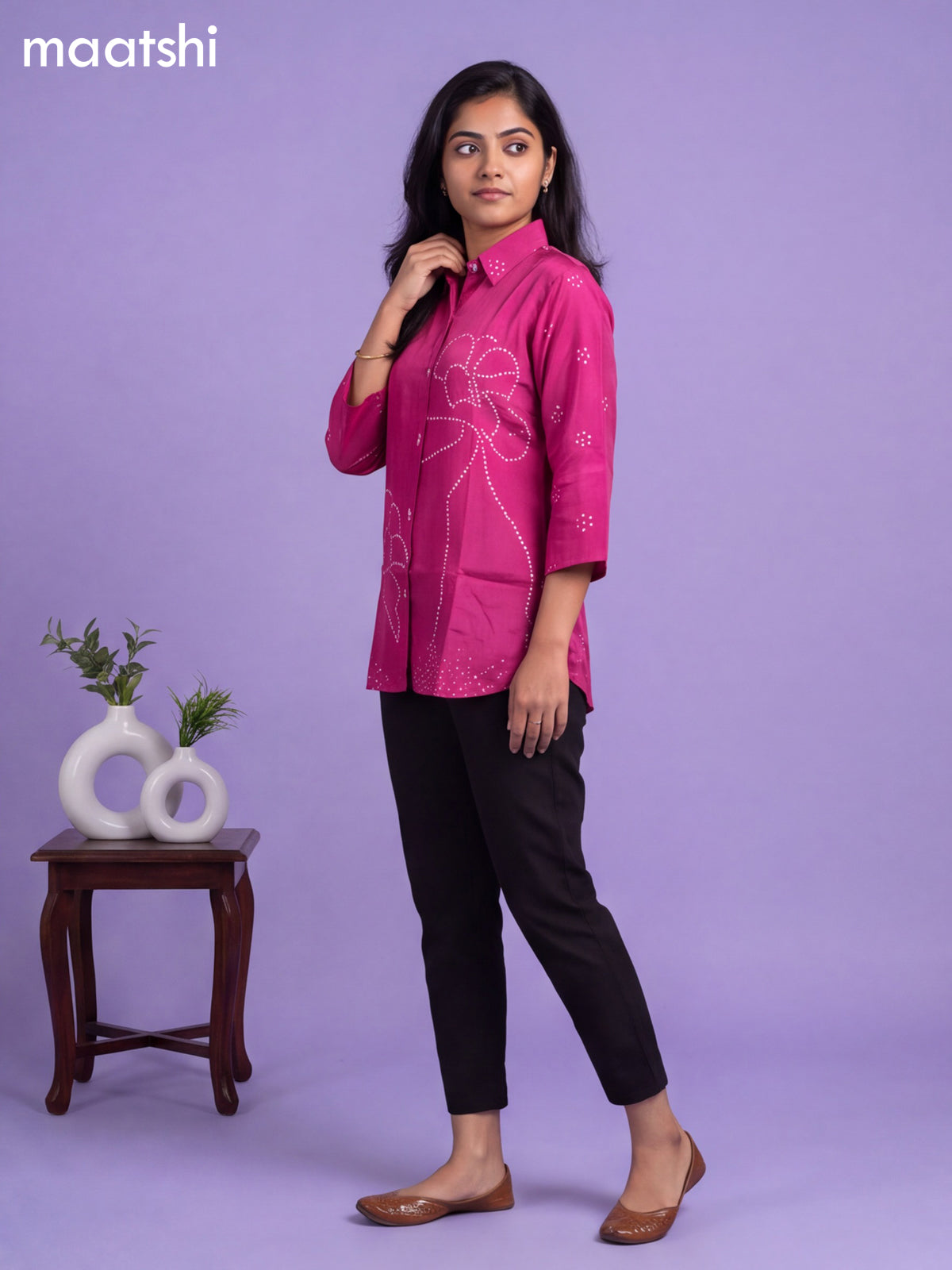Pink Crepe Silk Bandhani Printed Women'S Shirt