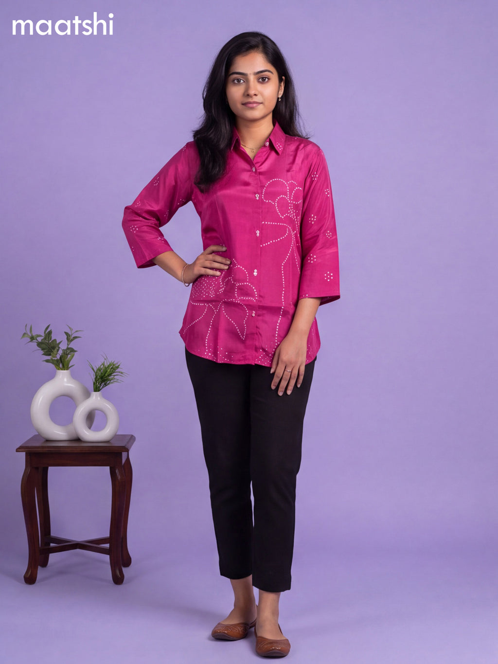 Pink Crepe Silk Bandhani Printed Women'S Shirt