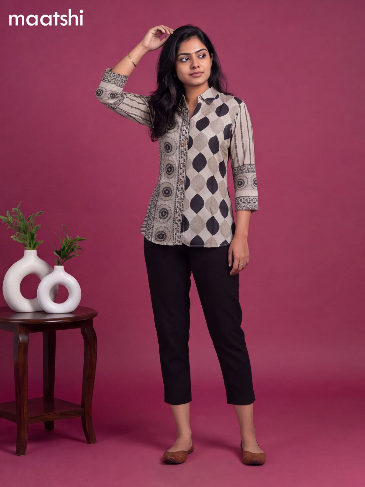 Beige Muslin Ajrakh Printed Women'S Shirt