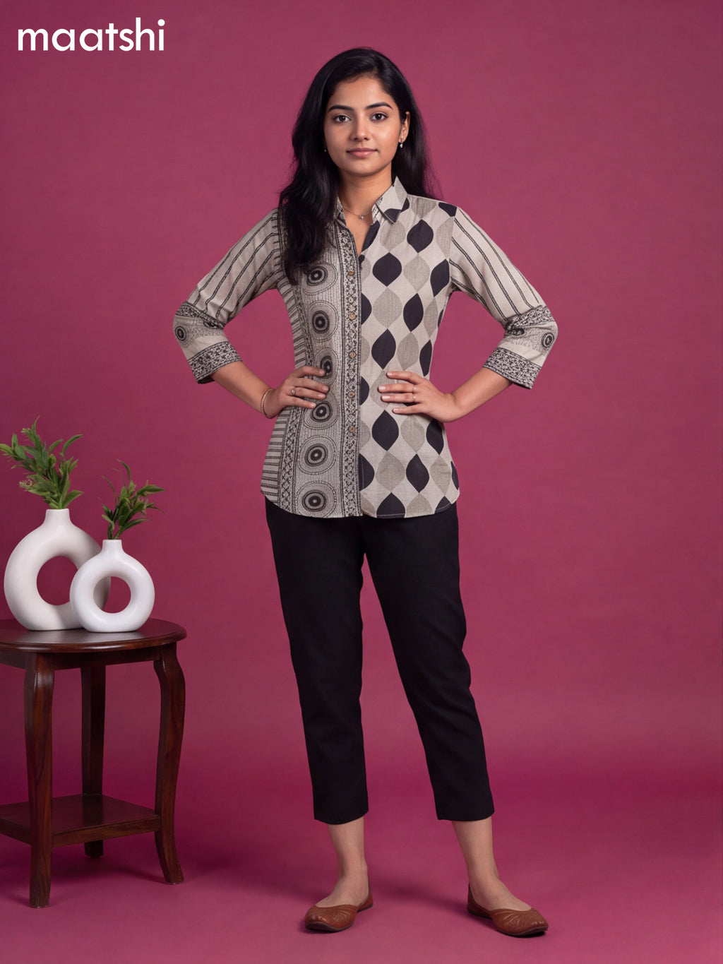 Beige Muslin Ajrakh Printed Women'S Shirt