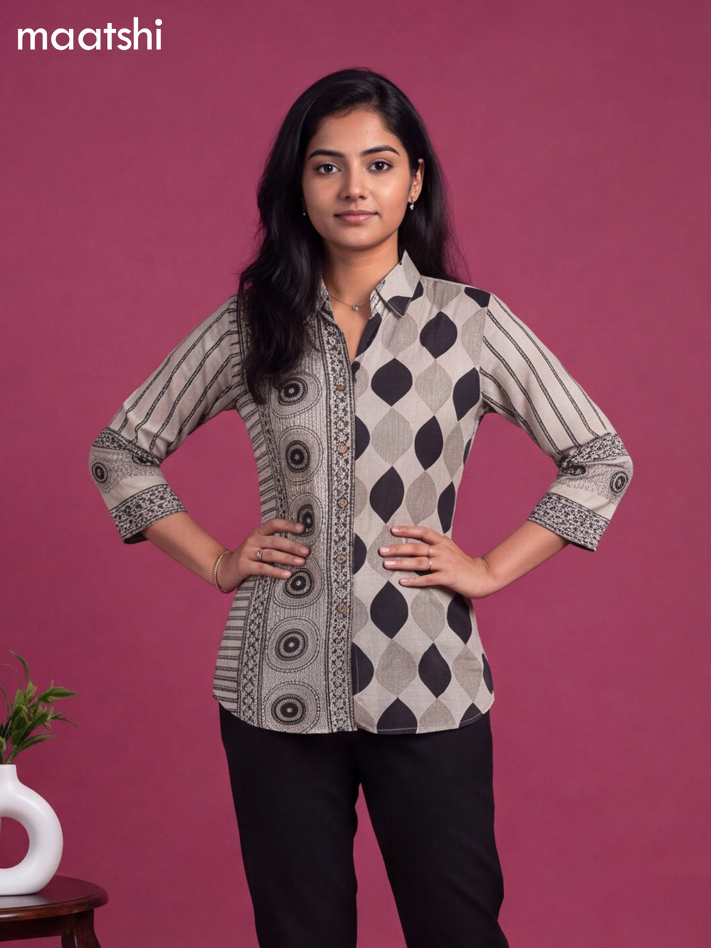 Beige Muslin Ajrakh Printed Women'S Shirt