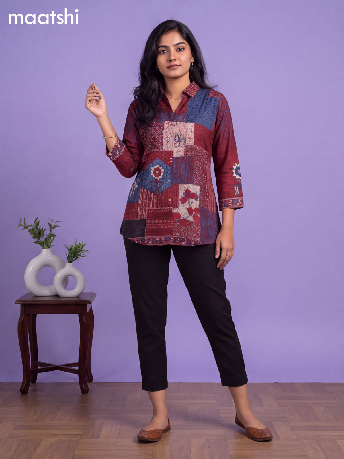 Maroon Muslin Printed Women'S Shirt