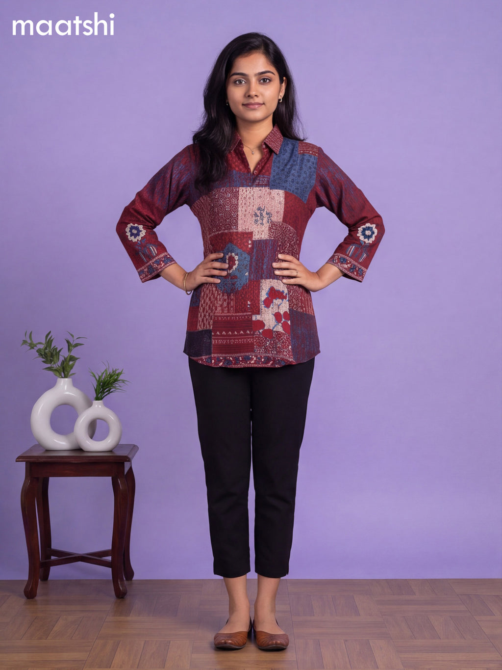Maroon Muslin Printed Women'S Shirt